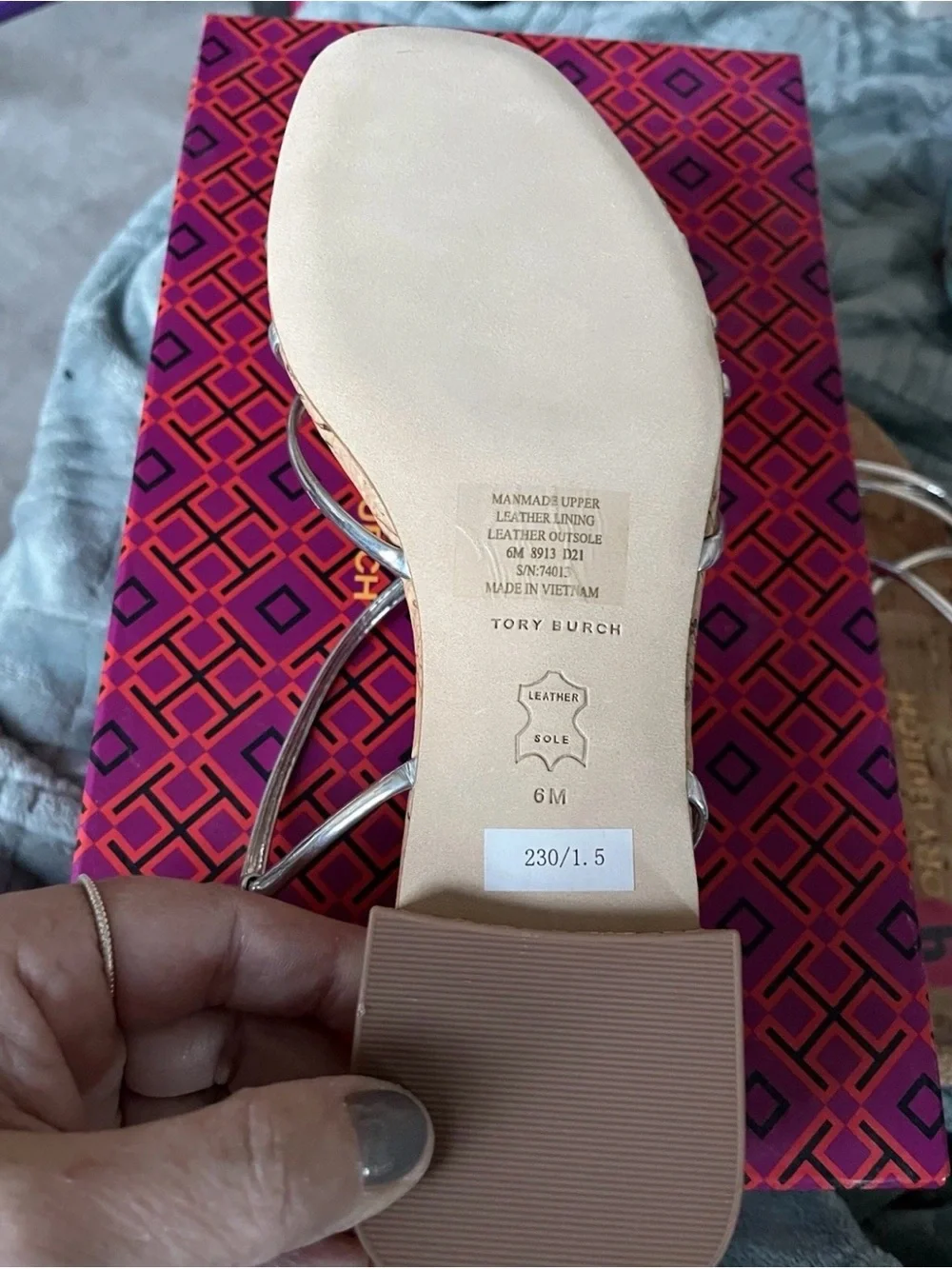 Tory Burch Penelope Cork Silver Strappy Sandal Size 6M Low Heel 74013- NEW!